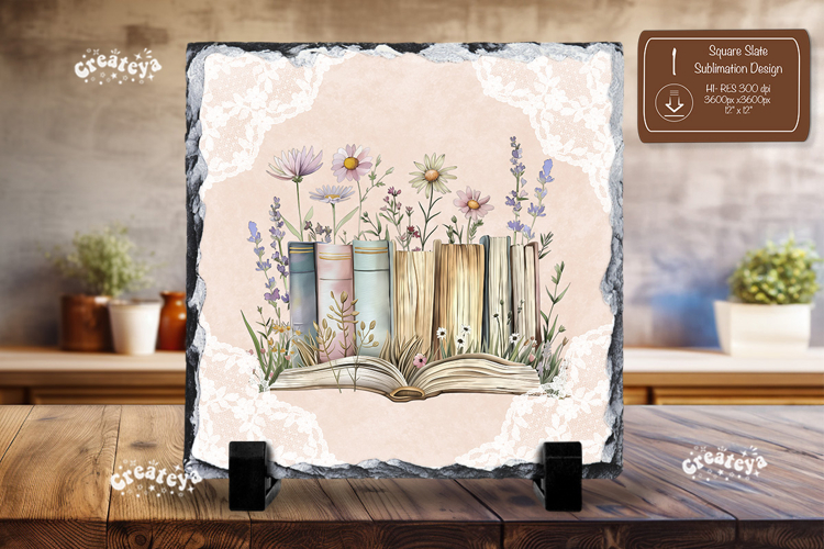 Book lover square slate sublimation open book wildflower png