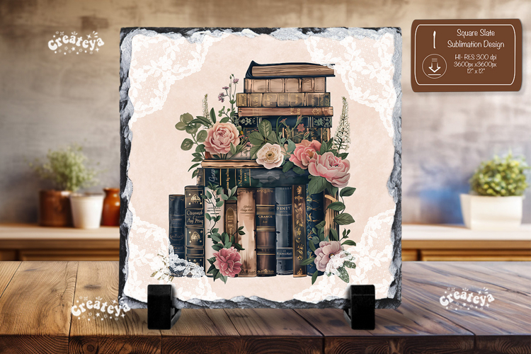 Book lover square slate sublimation flower book stack png