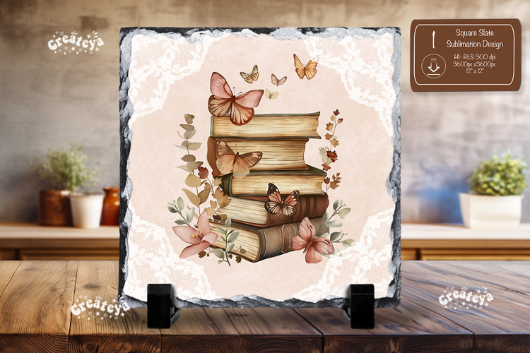 Book lover square slate sublimation Floral wall decor png