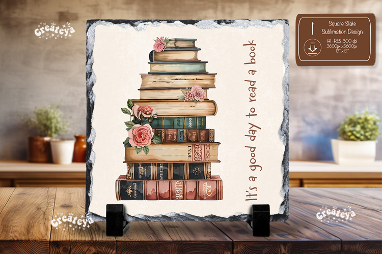 Book lover Quote square slate sublimation book stack png