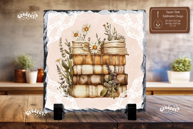 Book lover square slate sublimation Floral wall decor png