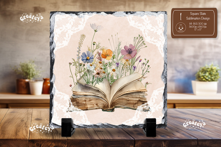 Book lover square slate sublimation open book wildflower png