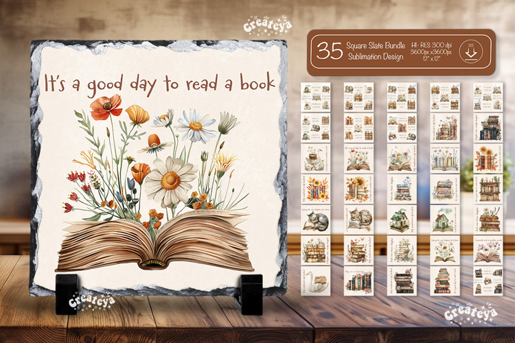 Book lover Quote square slate sublimation Bundle Floral png example image 1
