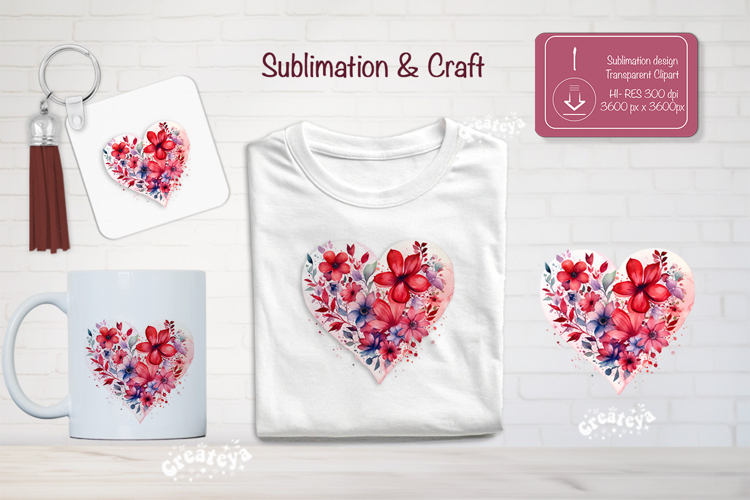 Watercolor Floral Heart PNG Clipart Sublimation Flowers