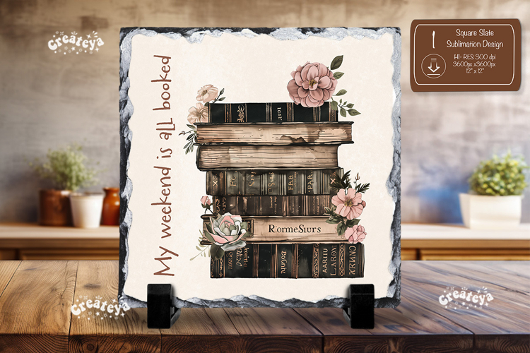 Book lover Quote square slate sublimation book stack png