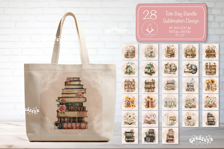 Book Lover Tote Bag Sublimation Bundle Vintage Watercolor