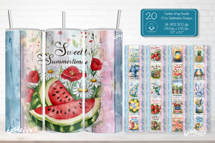Summer Tumbler Wrap Bundle PNG Skinny 20oz Watercolor Garden