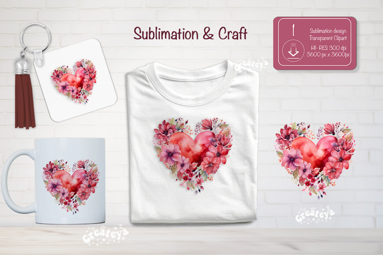 Watercolor Floral Heart PNG Clipart Sublimation Flowers