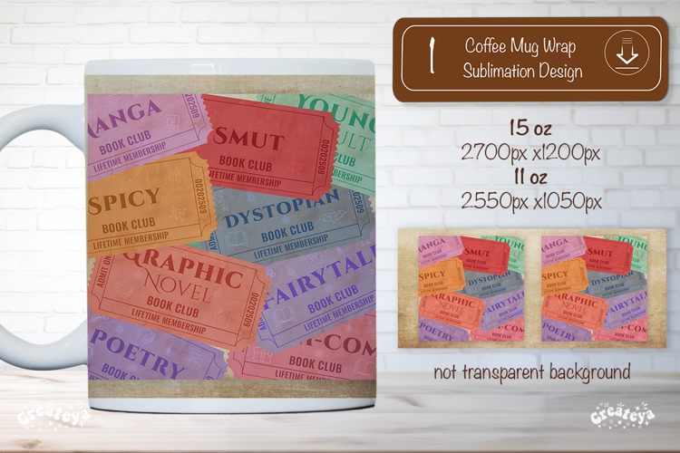 Book Club Ticket Mug Wraps PNG Bookish Library Sublimation