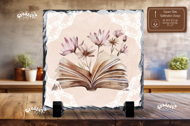 Book lover square slate sublimation open book wildflower png