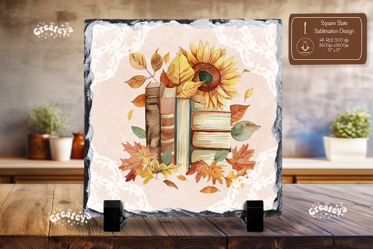 Book lover square slate sublimation book stack sunflower png