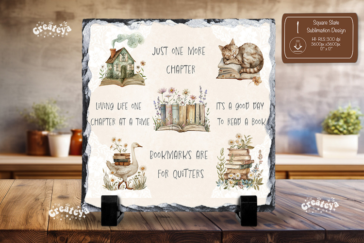 Book lover Quote square slate sublimation Floral slate png