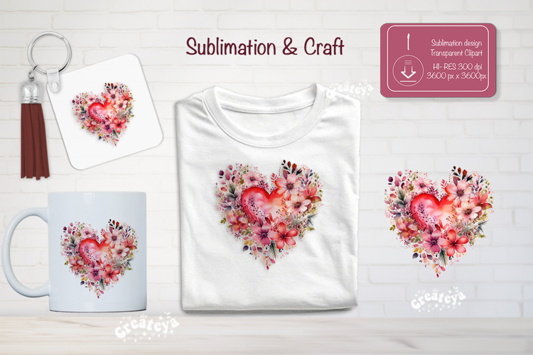 Watercolor Floral Heart PNG Clipart Sublimation Flowers
