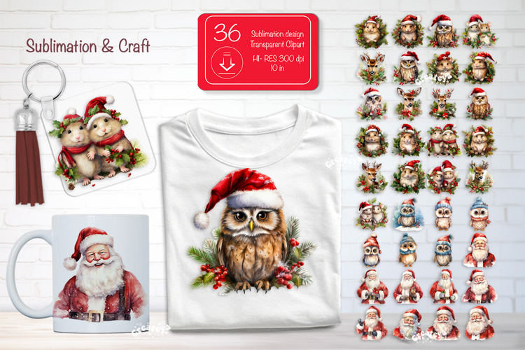 Christmas Watercolor Clipart Sublimation Bundle Santa Claus