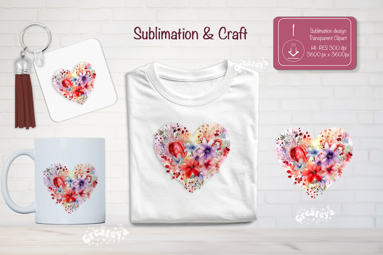 Watercolor Floral Heart PNG Clipart Sublimation Flowers