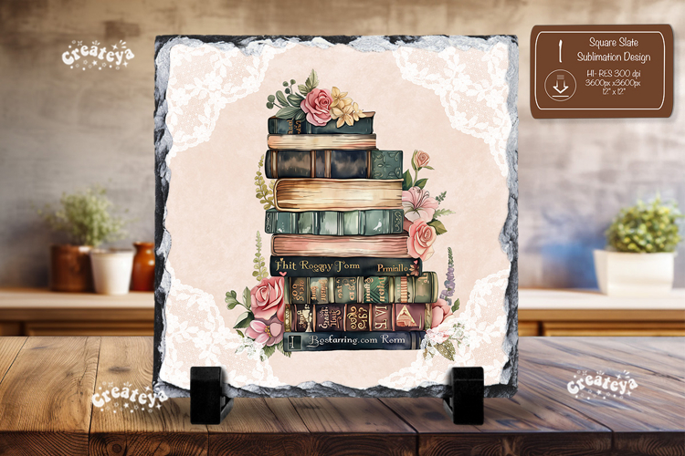 Book lover square slate sublimation flower book stack png