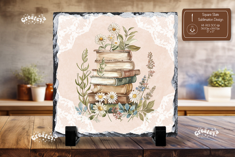 Book lover square slate sublimation Floral wall decor png