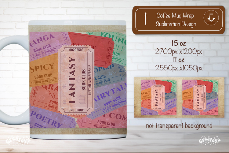 Book Club Ticket Mug Wraps PNG Bookish Library Sublimation