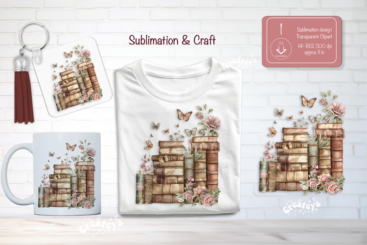 Watercolor Book Lover Clipart Sublimation Vintage Books png