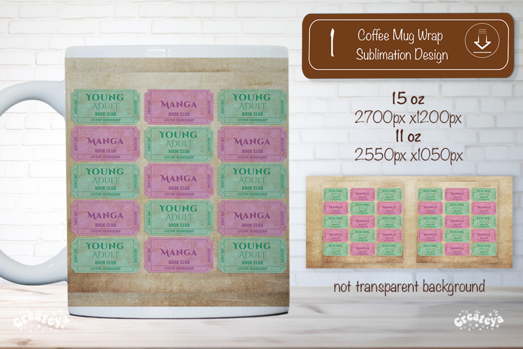 Book Club Ticket Mug Wraps PNG Bookish Library Sublimation