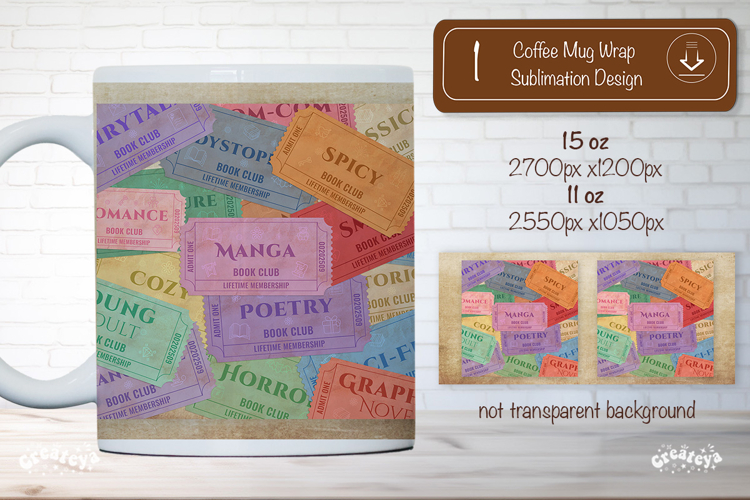Book Club Ticket Mug Wraps PNG Bookish Library Sublimation