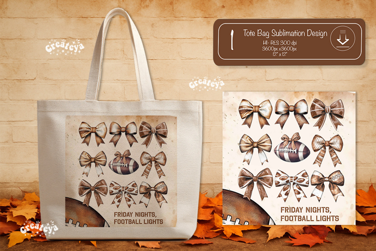 Football Bow Tote Bag Sublimation Vintage Game Day Touchdown