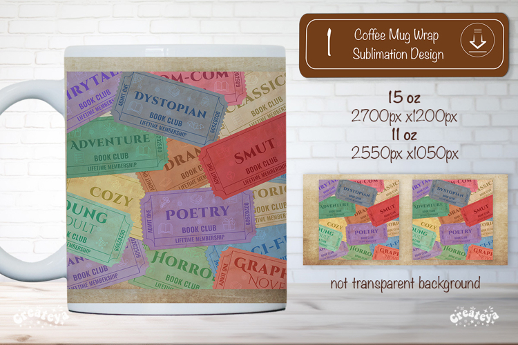 Book Club Ticket Mug Wraps PNG Bookish Library Sublimation