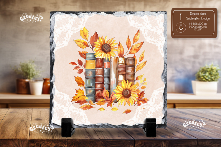 Book lover square slate sublimation book stack sunflower png