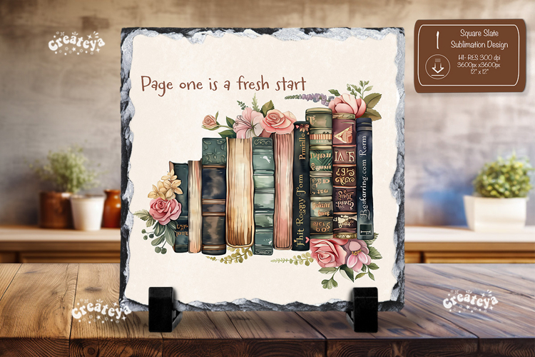 Book lover Quote square slate sublimation book stack png