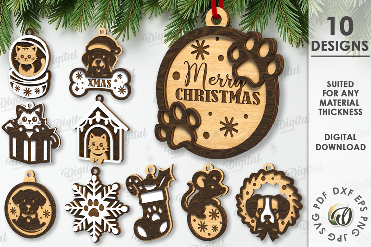 Christmas Pets Ornaments Bundle Laser Cut. Christmas SVG