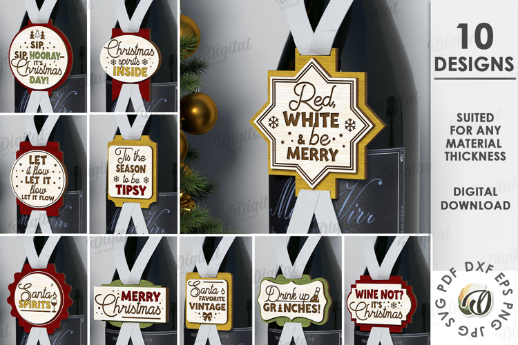Christmas Wine Bottle Tags Bundle Lasercut. Gift Tags SVG