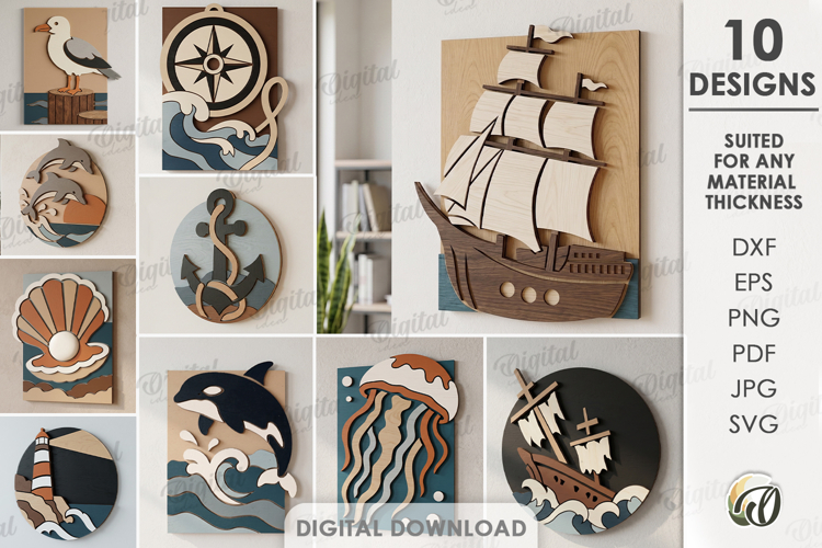 Coastal Mosaic Wall Art Bundle Laser Cut. Wall Decor SVG
