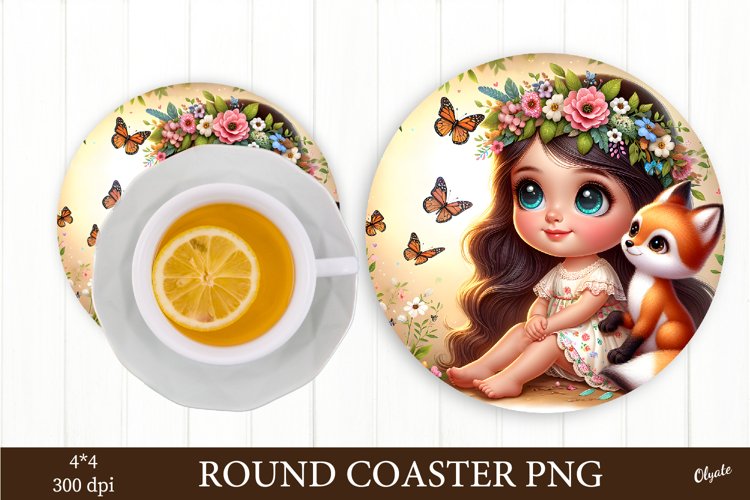 Cute Baby Girl with Foxy PNG. Round Coaster Sublimation example image 1