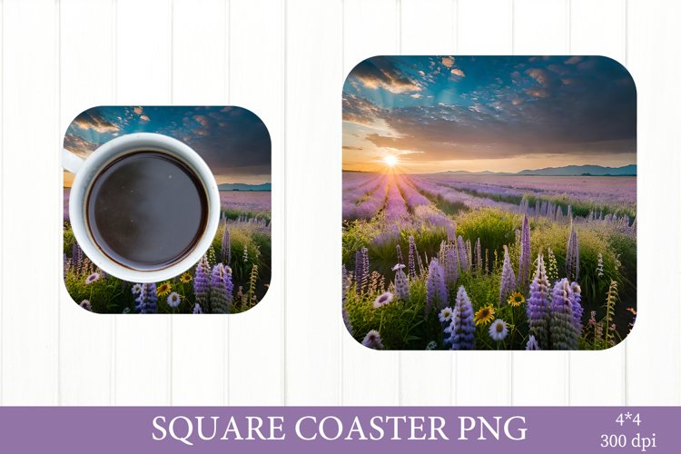 Landscape Square Coaster. Meadow Flowers Sublimation PNG example image 1