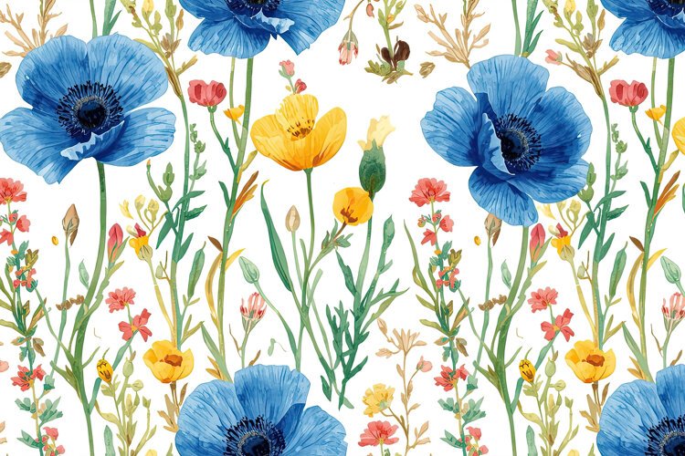 Watercolor Blue Poppy Flowers Background example image 1