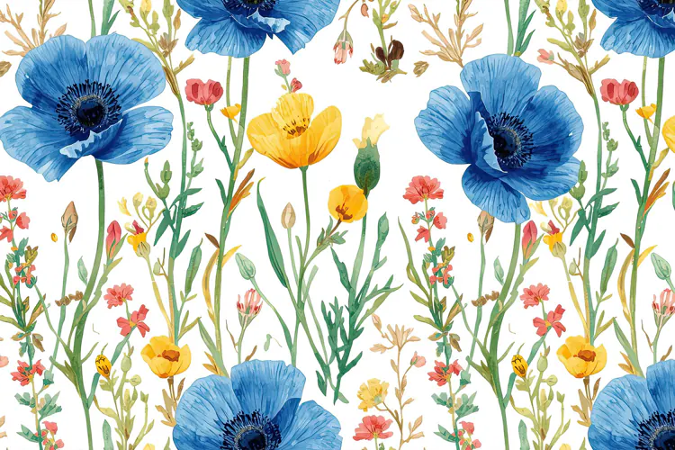 Watercolor Blue Poppy Flowers Background