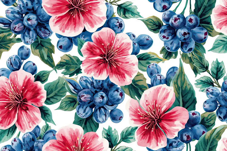Watercolor Blue Berries With Pink Flowers Background