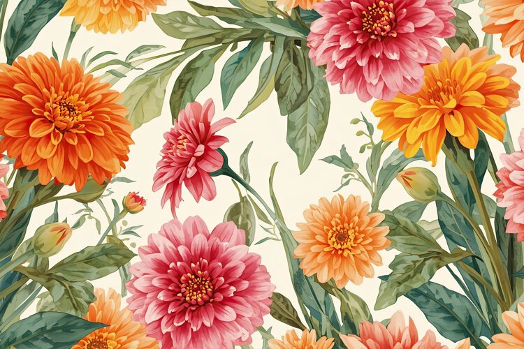 Watercolor Dahlia And Zinnia Flowers Background example image 1