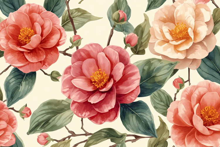 Watercolor Camellia Blooms Flowers Background