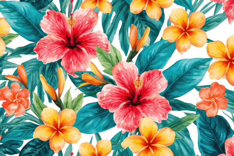 Watercolor Vibrant Pink Yellow Tropical Hibiscus Flower