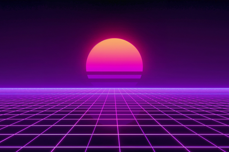 Retro Synthwave Grid Horizon with Neon Sunset Background