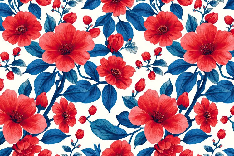 Watercolor Vibrant Red Flowers And Dark Blue Leaves Backgrou example image 1