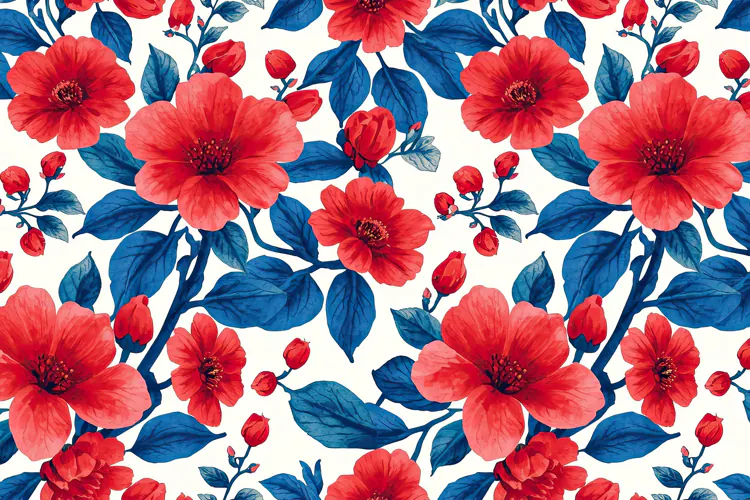 Watercolor Vibrant Red Flowers And Dark Blue Leaves Backgrou