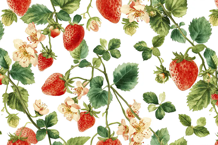 Watercolor Red Strawberries Green Leaves Background