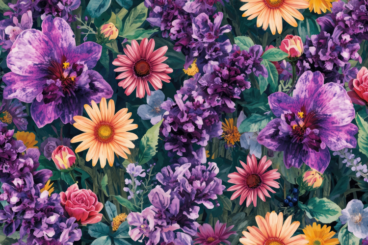 Watercolor Dense Mix of Blooming Flowers Background