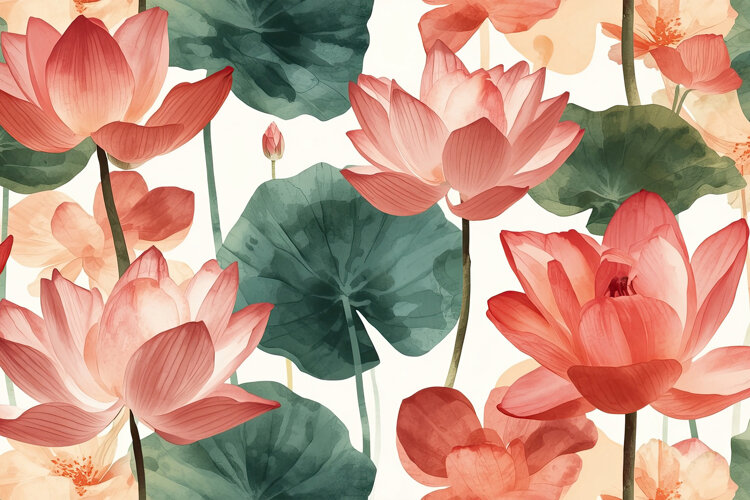 Watercolor Coral Lotus Flowers Background example image 1