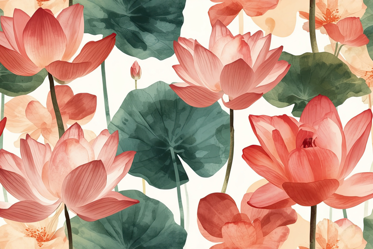 Watercolor Coral Lotus Flowers Background