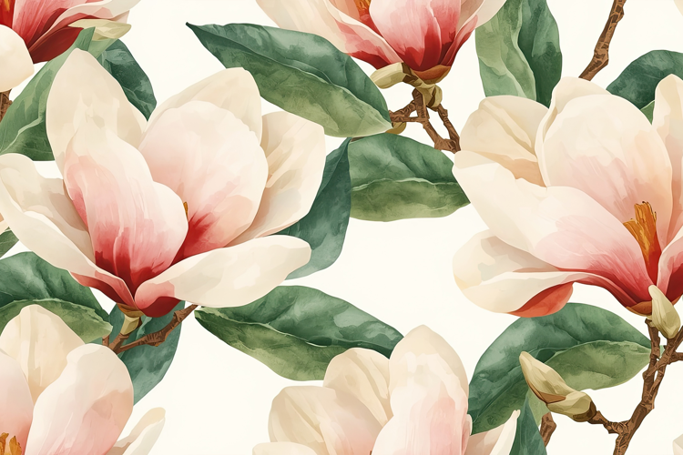 Watercolor Cream Magnolia Blossoms Background