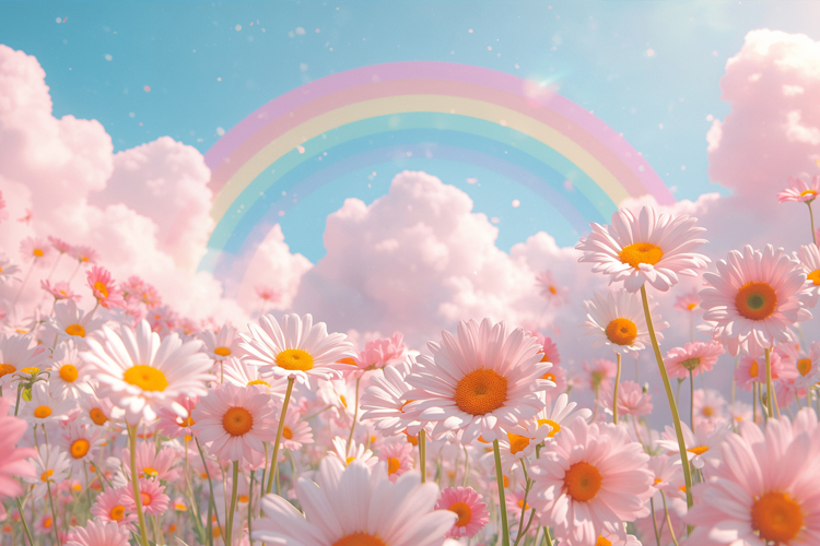 Pink Floral With Rainbow Sky Background Wallpaper example image 1