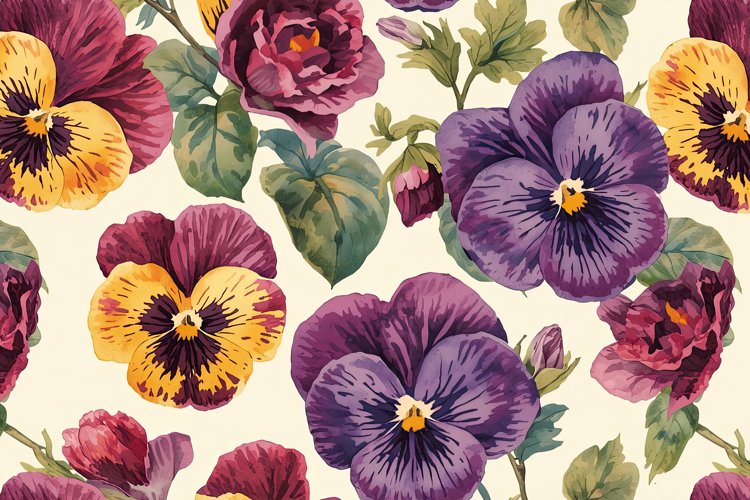 Watercolor Purple And Yellow Pansy Flowers Background example image 1